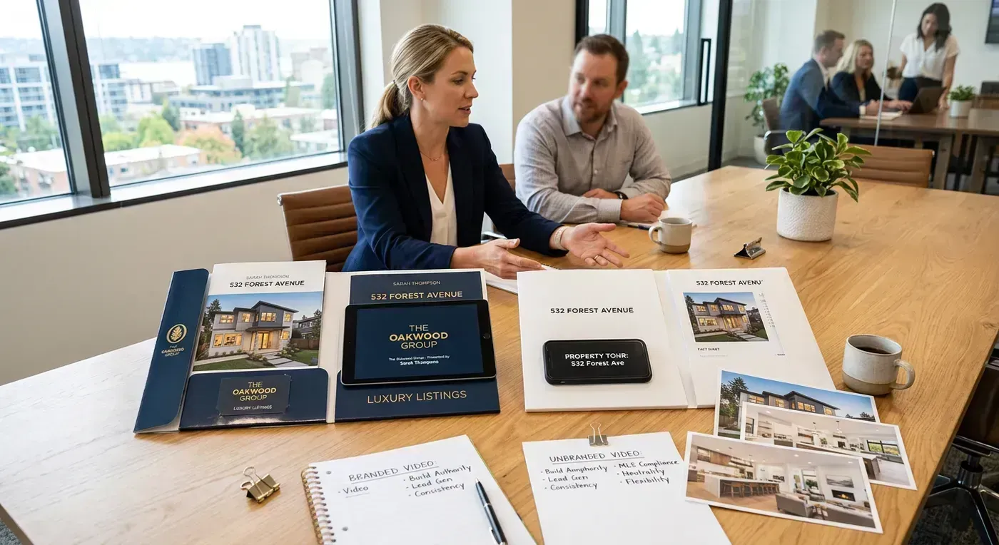 Branded and unbranded listing media packets shown side by side