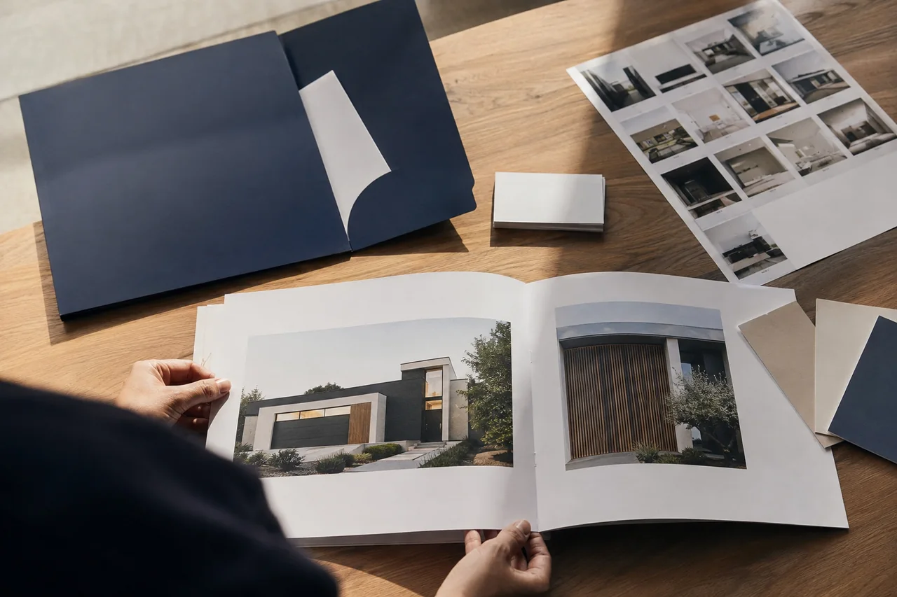 Coordinated property brochure, folder, prints, and color swatches on a desk