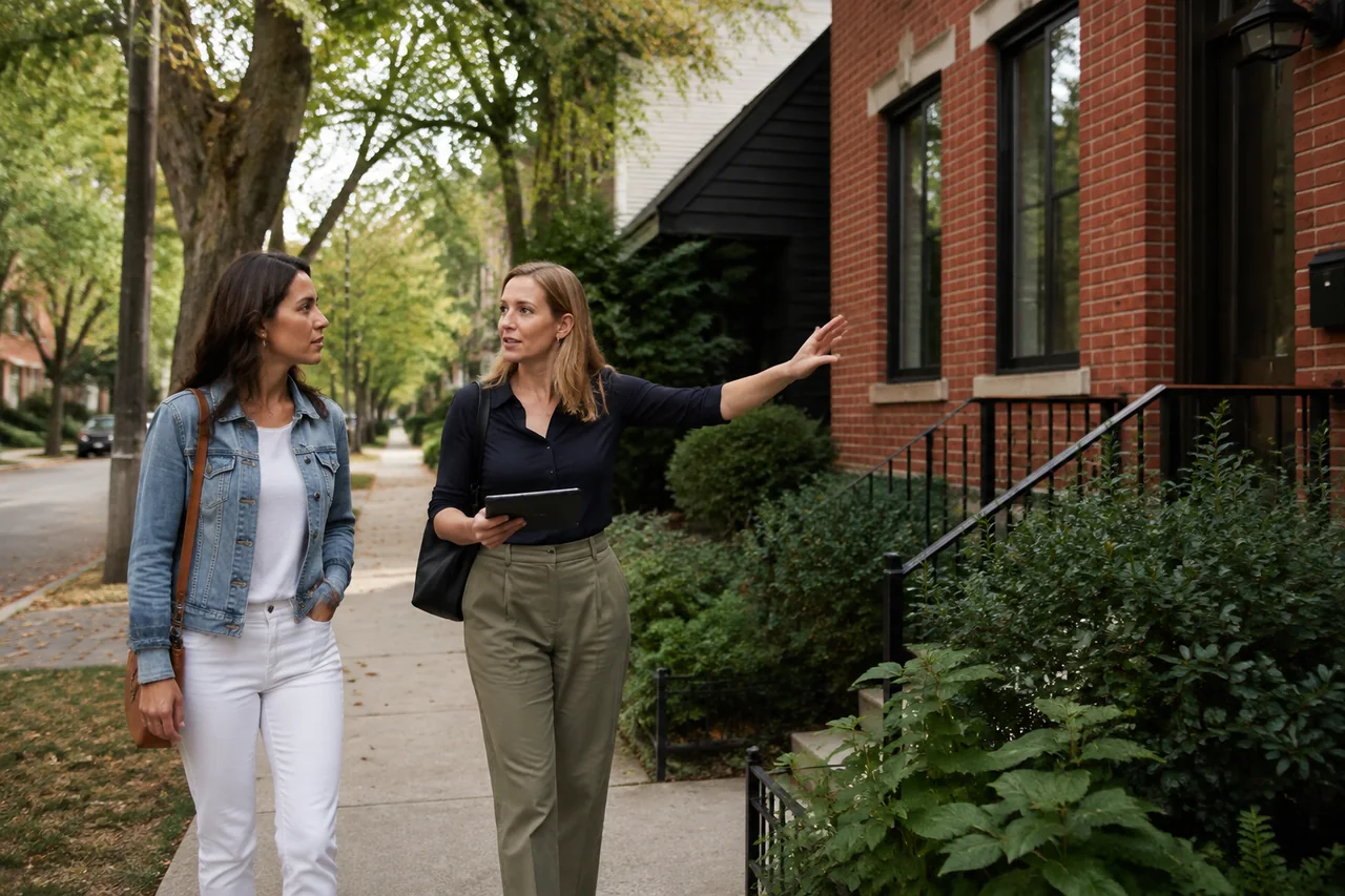Local real estate professional discussing neighborhood architecture with a client