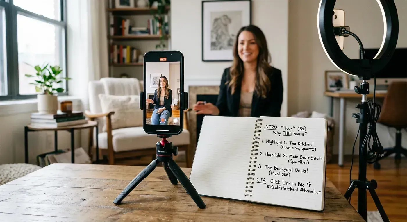 Real estate agent filming a property walkthrough with a smartphone on a gimbal for Instagram Reels
