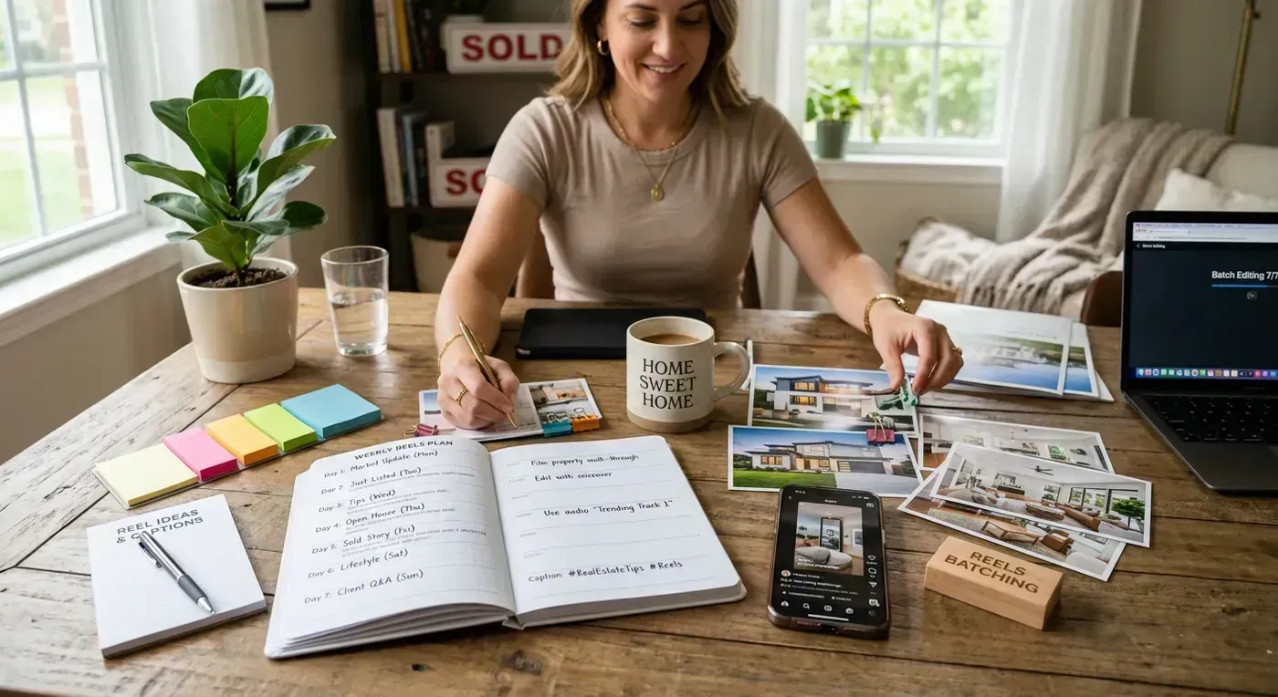 Instagram grid showing a real estate agent's profile with a mix of listing tours, market updates, and lifestyle Reels