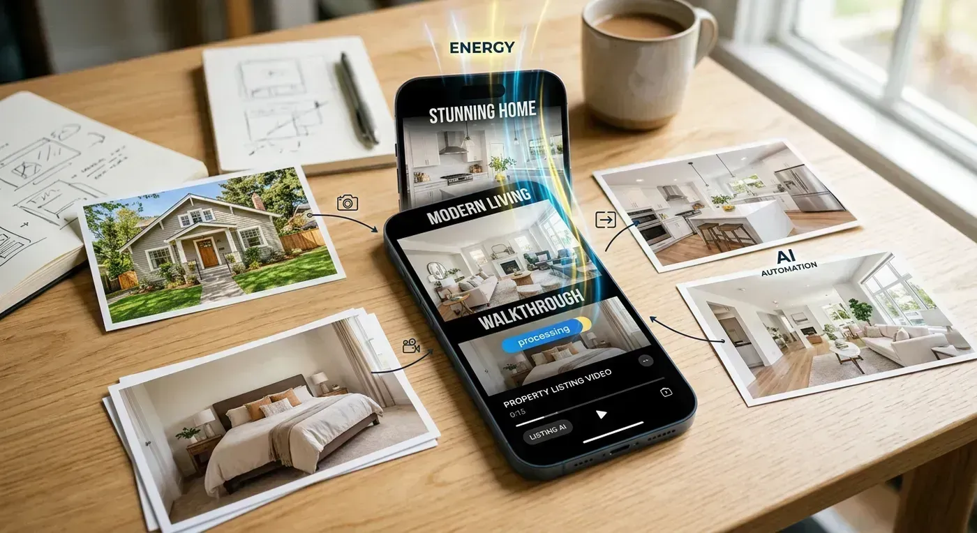 Agent editing Instagram Reels on a laptop with video editing timeline visible and property photos on screen