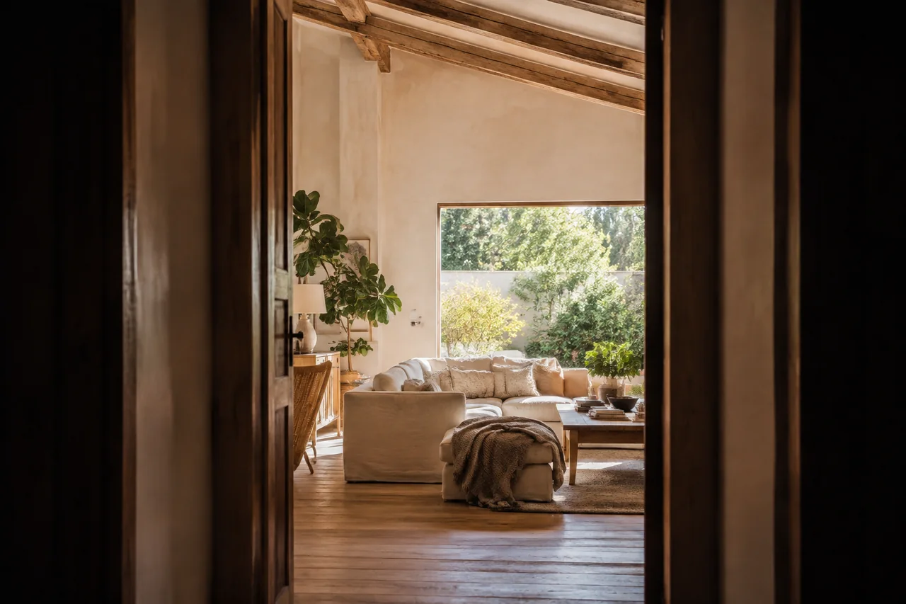 Doorway framing a bright living room and garden for a room-reveal Reel