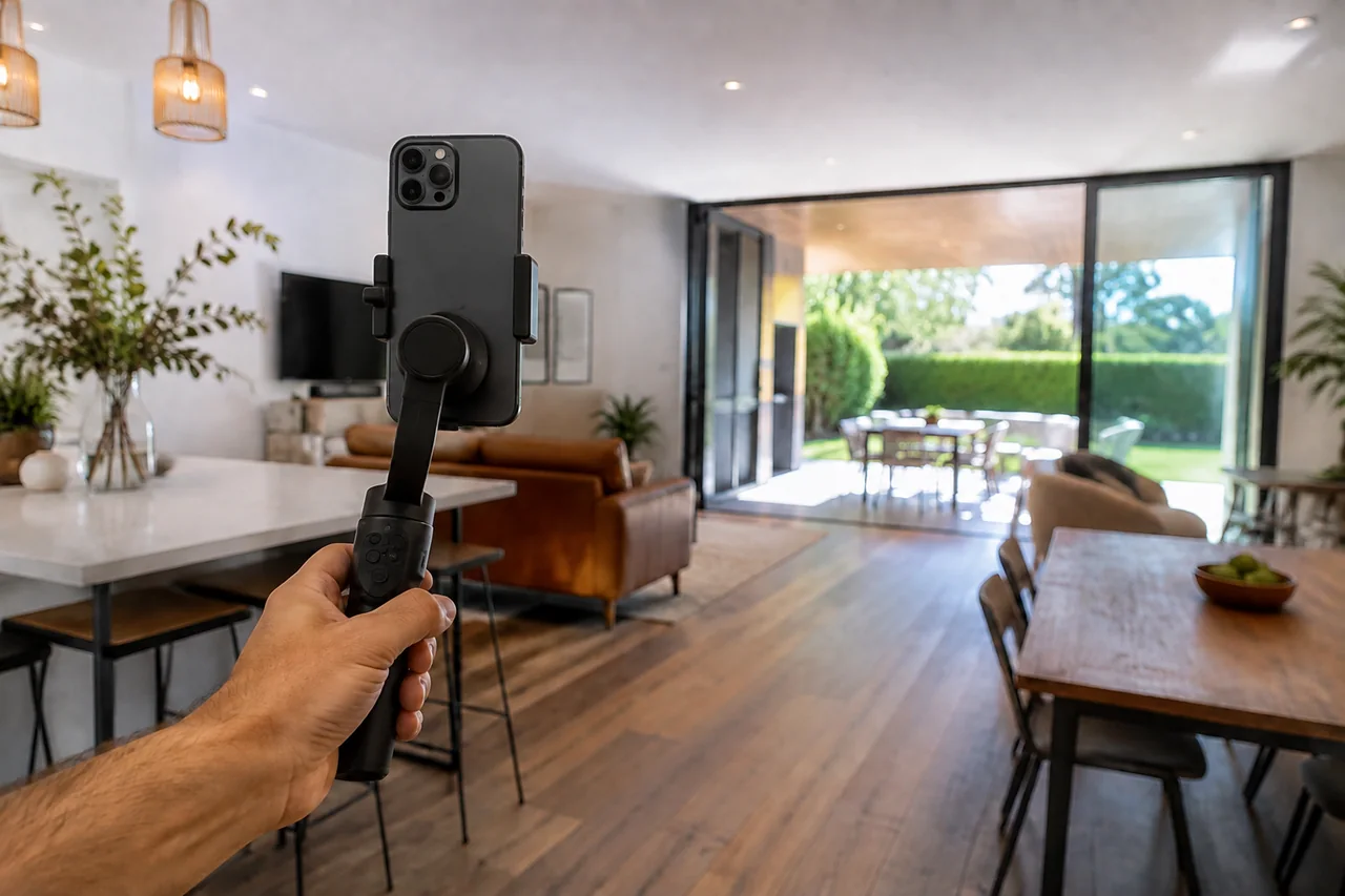Vertical phone on a gimbal following the route from living room to patio