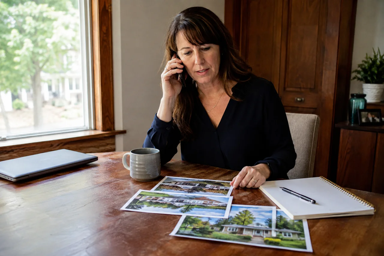 Agent following up on an inquiry with property photographs and an appointment notebook