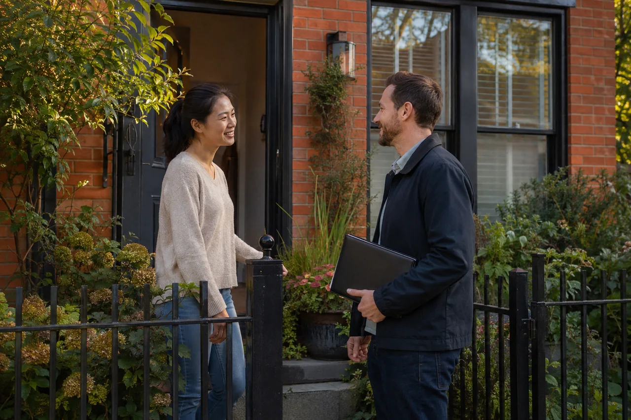 Real estate professional reconnecting with a past client outside a townhouse