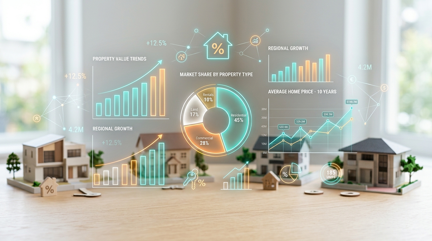 Abstract data visualization concept with real estate elements, bar charts and property icons