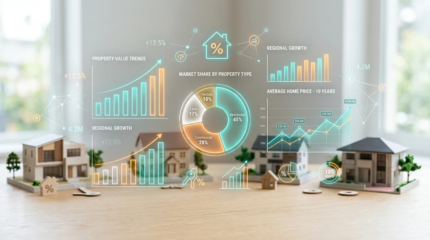 Abstract data visualization concept with real estate elements, bar charts and property icons