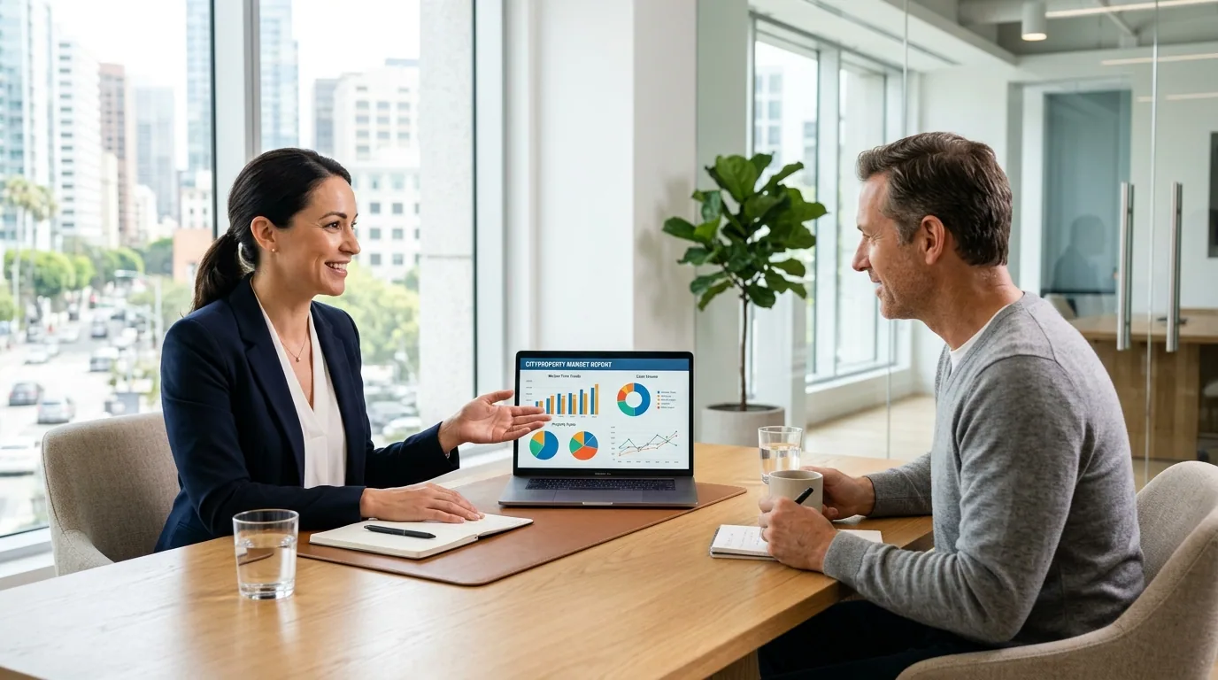 Real estate agent presenting market data on laptop to client in a bright modern office