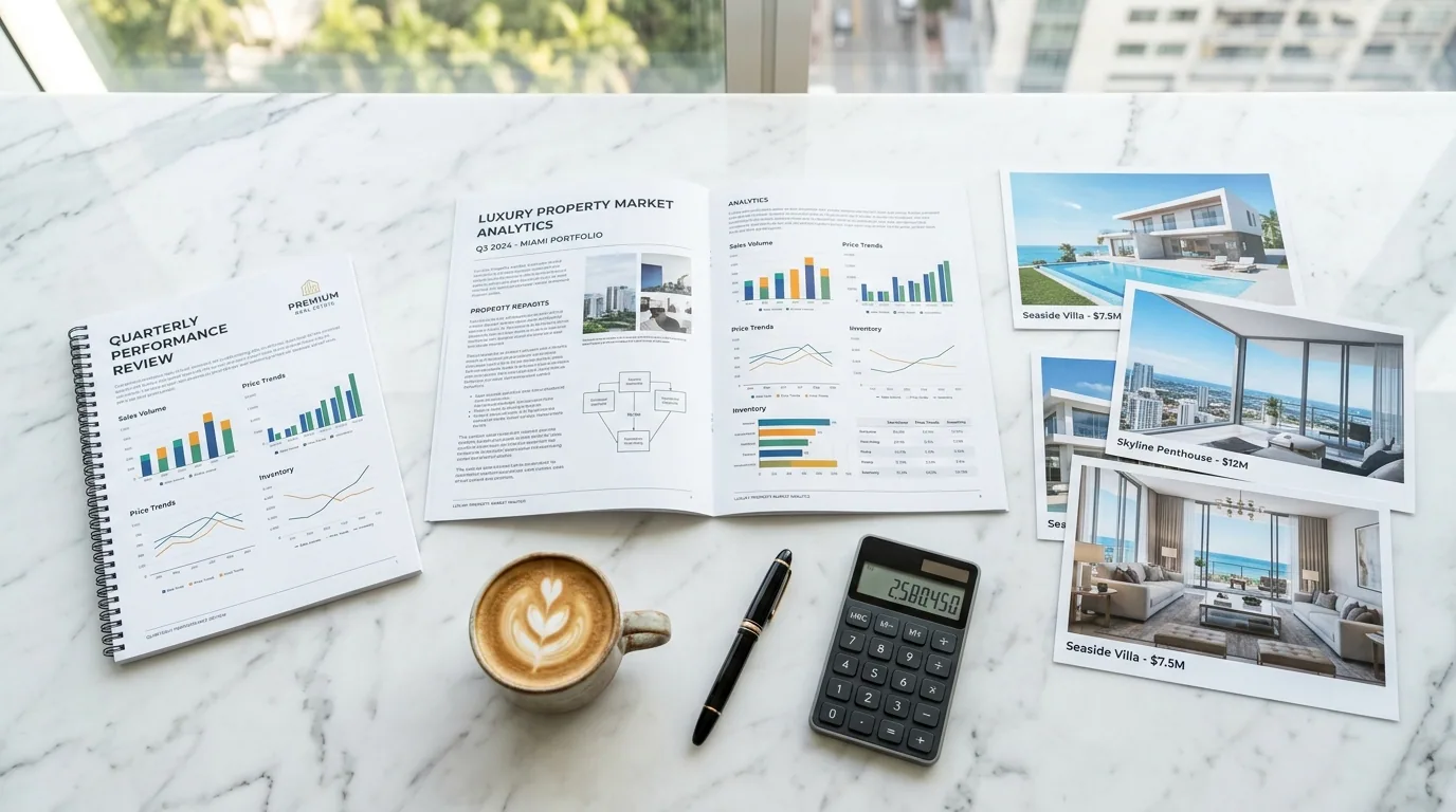 Bird's-eye view of desk with printed analytics reports, property photos, coffee cup, and calculator
