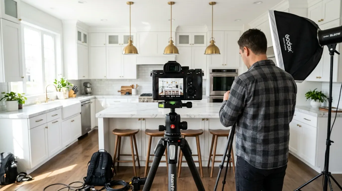 Professional camera on tripod photographing a modern kitchen with natural light and supplemental flash
