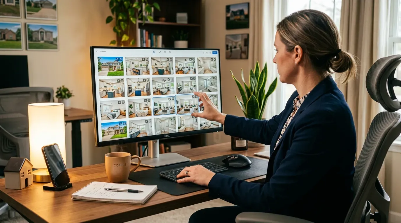 Real estate agent selecting and reordering listing photos on a monitor for video creation