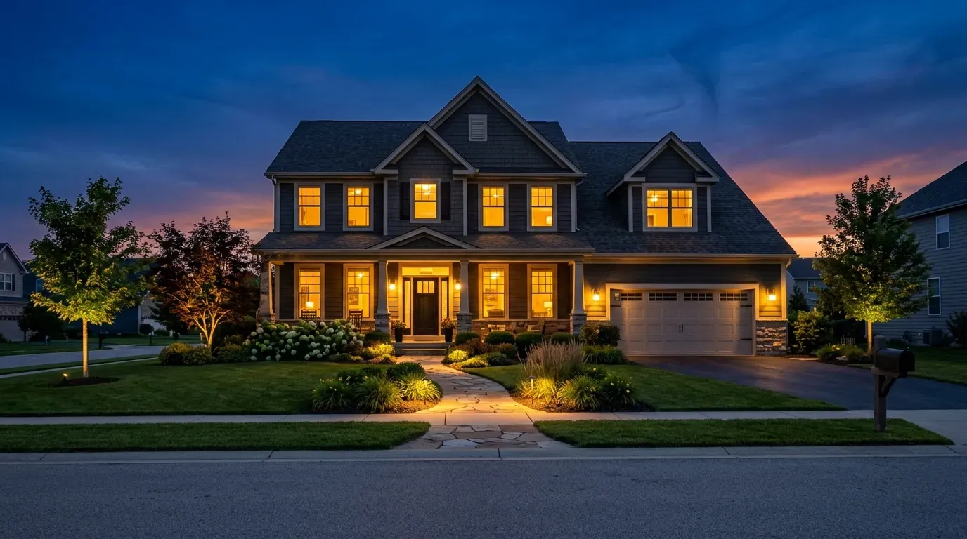 Twilight exterior photograph of a two-story home with warm interior lights glowing and a dramatic blue-hour sky