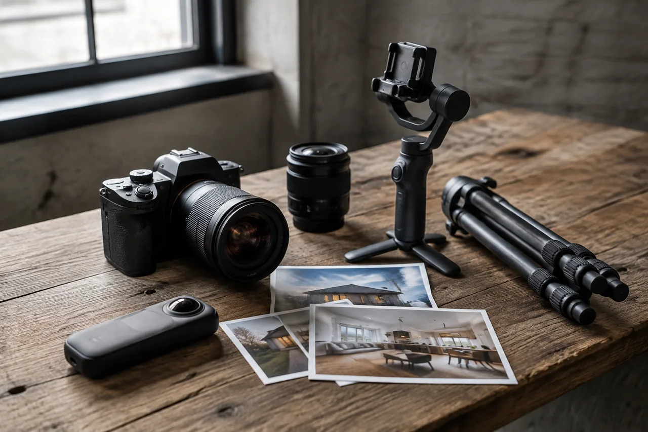 Compact property photography and video equipment arranged beside listing prints