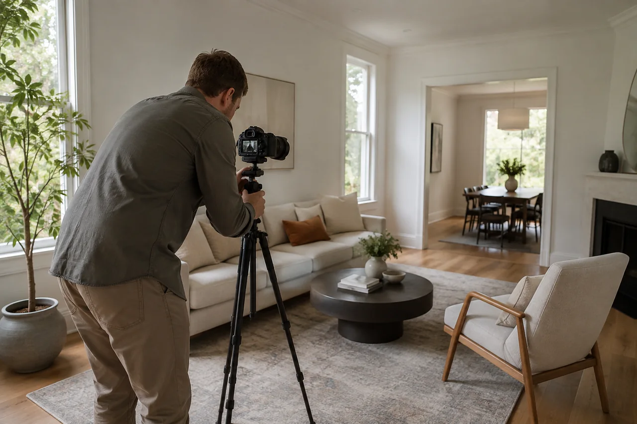 Property photographer composing a living-room shot with a tripod