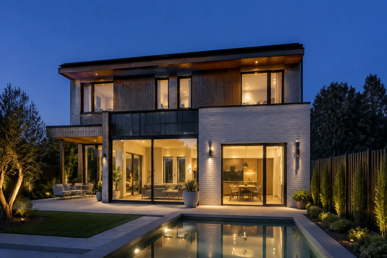 Contemporary home and landscaped outdoor space photographed at twilight