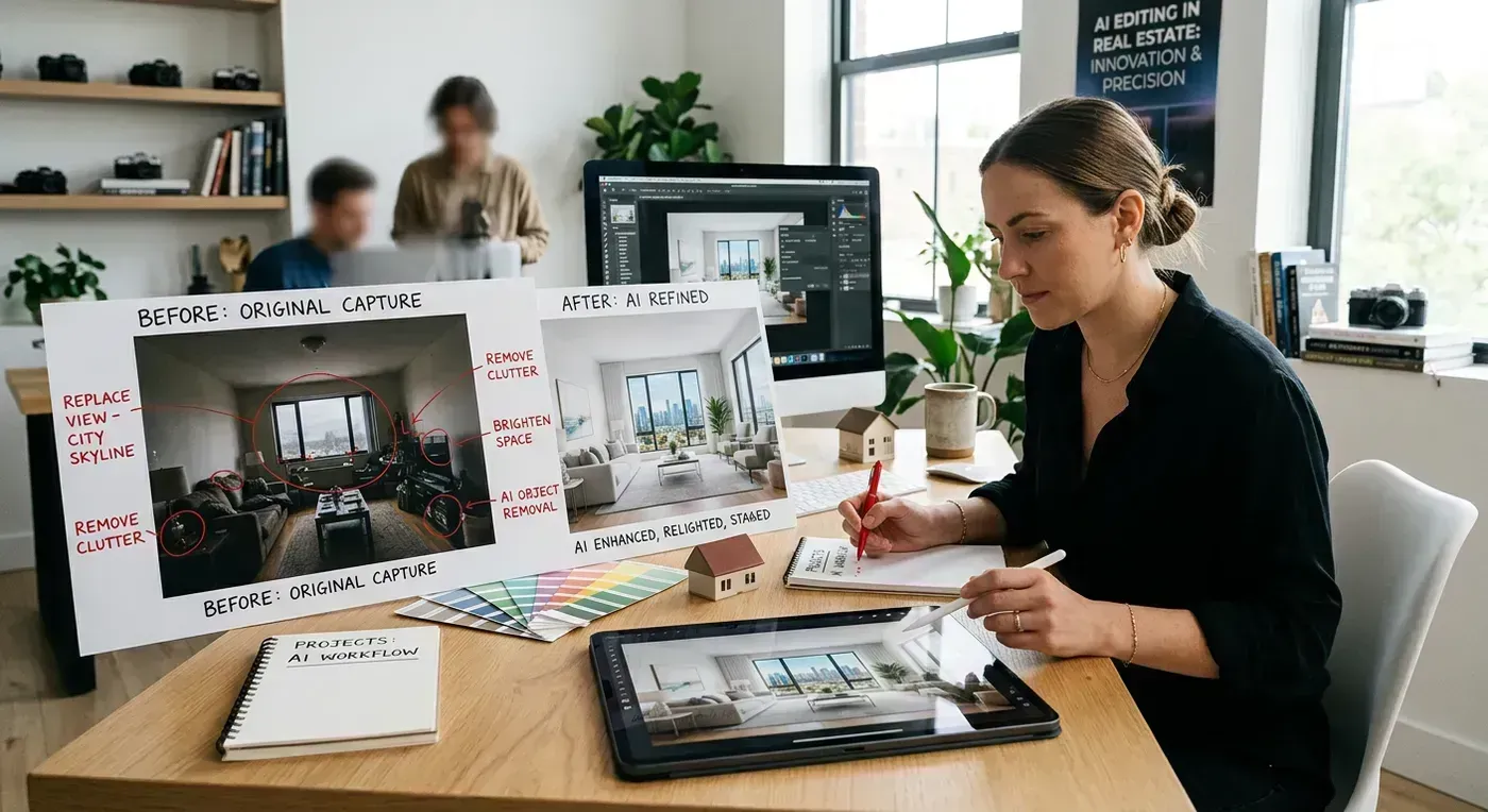 Editorial workflow scene showing edited listing photos turning into broader marketing assets