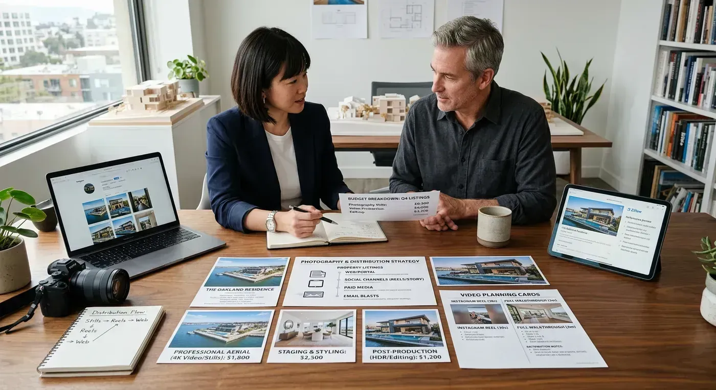 Presentation moment with an agent reviewing a balanced photo and video budget plan