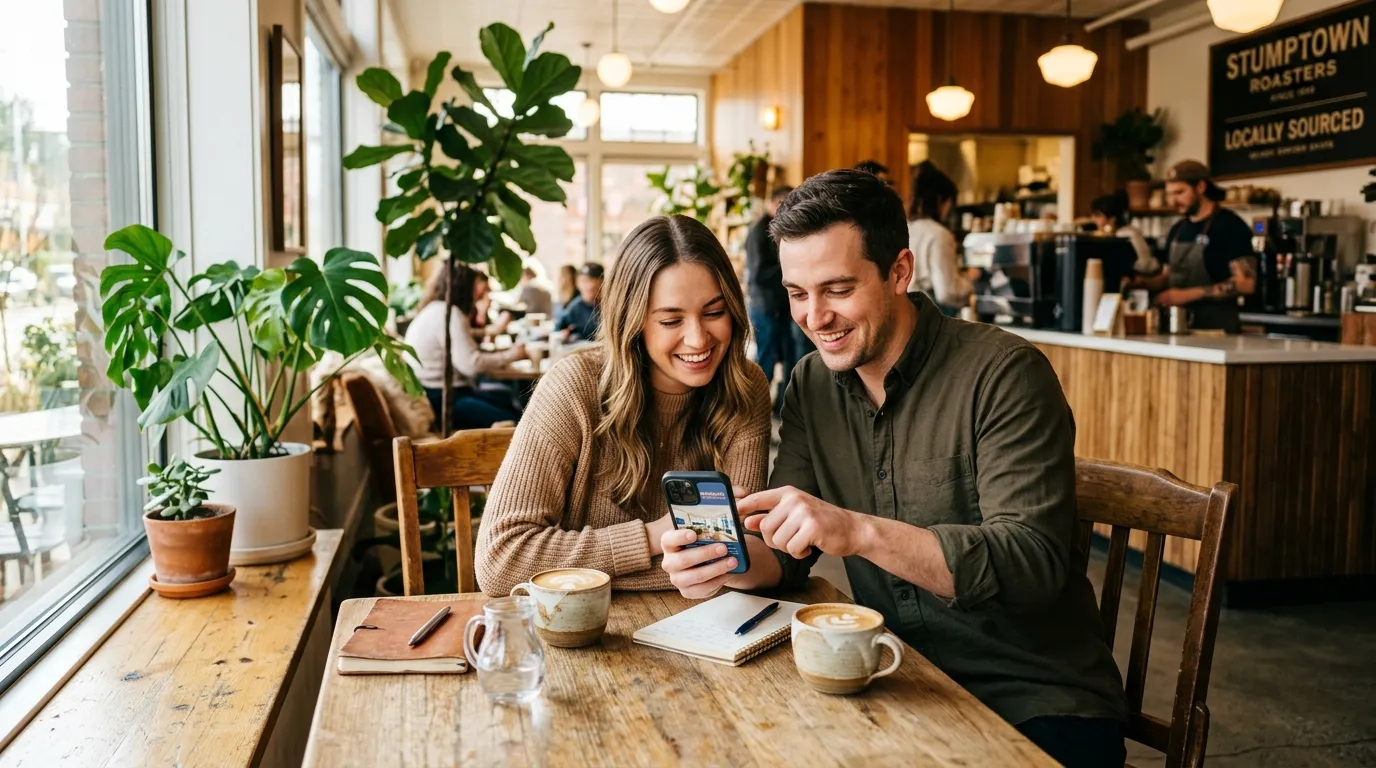 Couple scrolling through property listing videos on a smartphone at a coffee shop