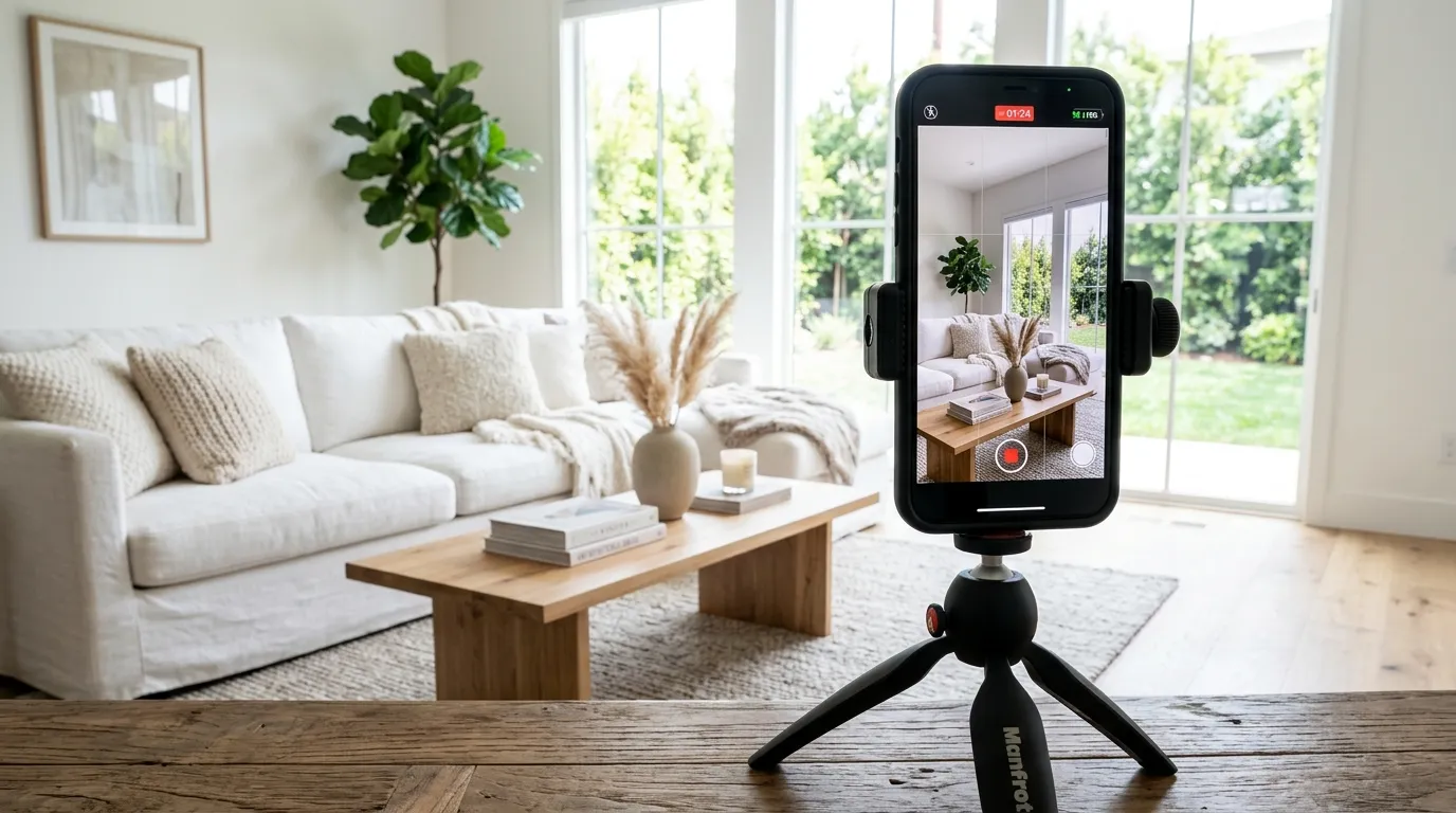 Phone on tripod capturing vertical video of a staged living room with natural light
