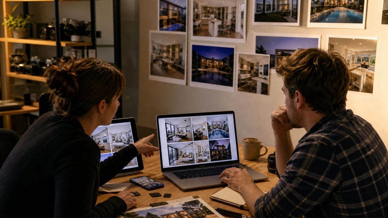 Marketing coordinator organizing listing clips into a monthly social plan