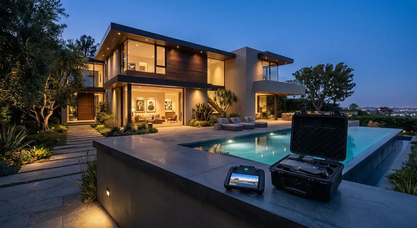 Drone gear beside a luxury home at twilight for aerial listing video