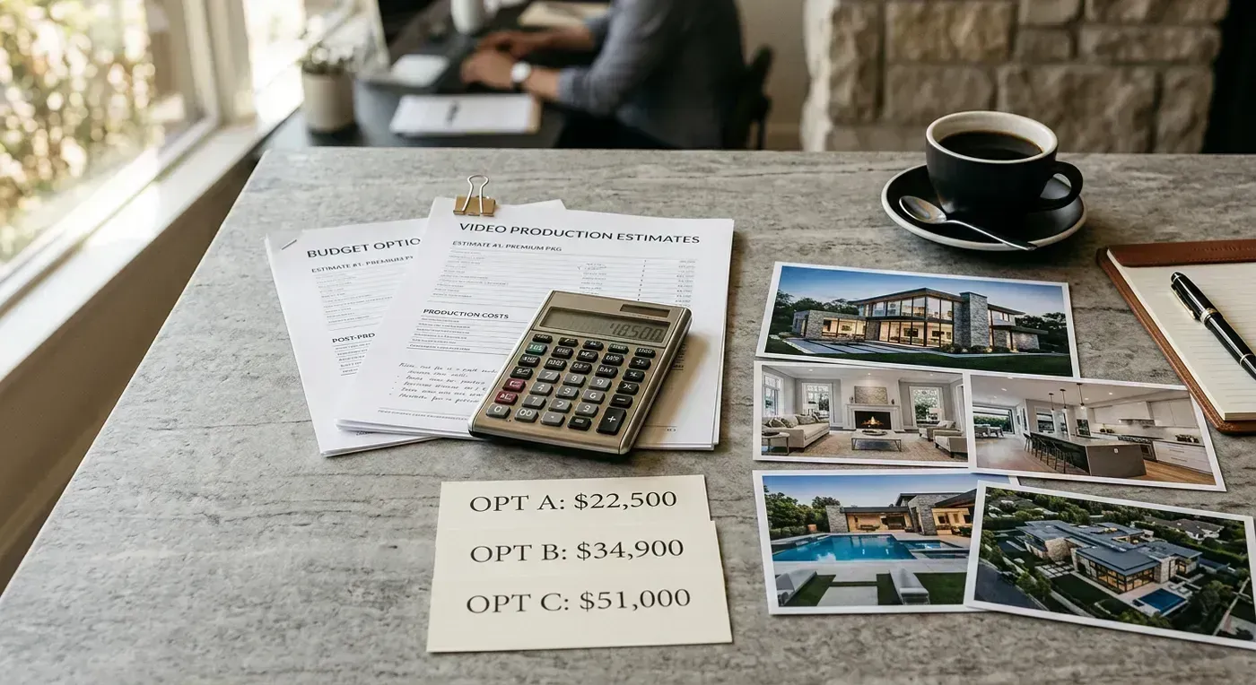 Editorial planning scene comparing real estate video budget options