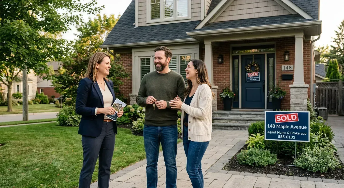 Agent with happy clients outside a sold home for trust-building video content