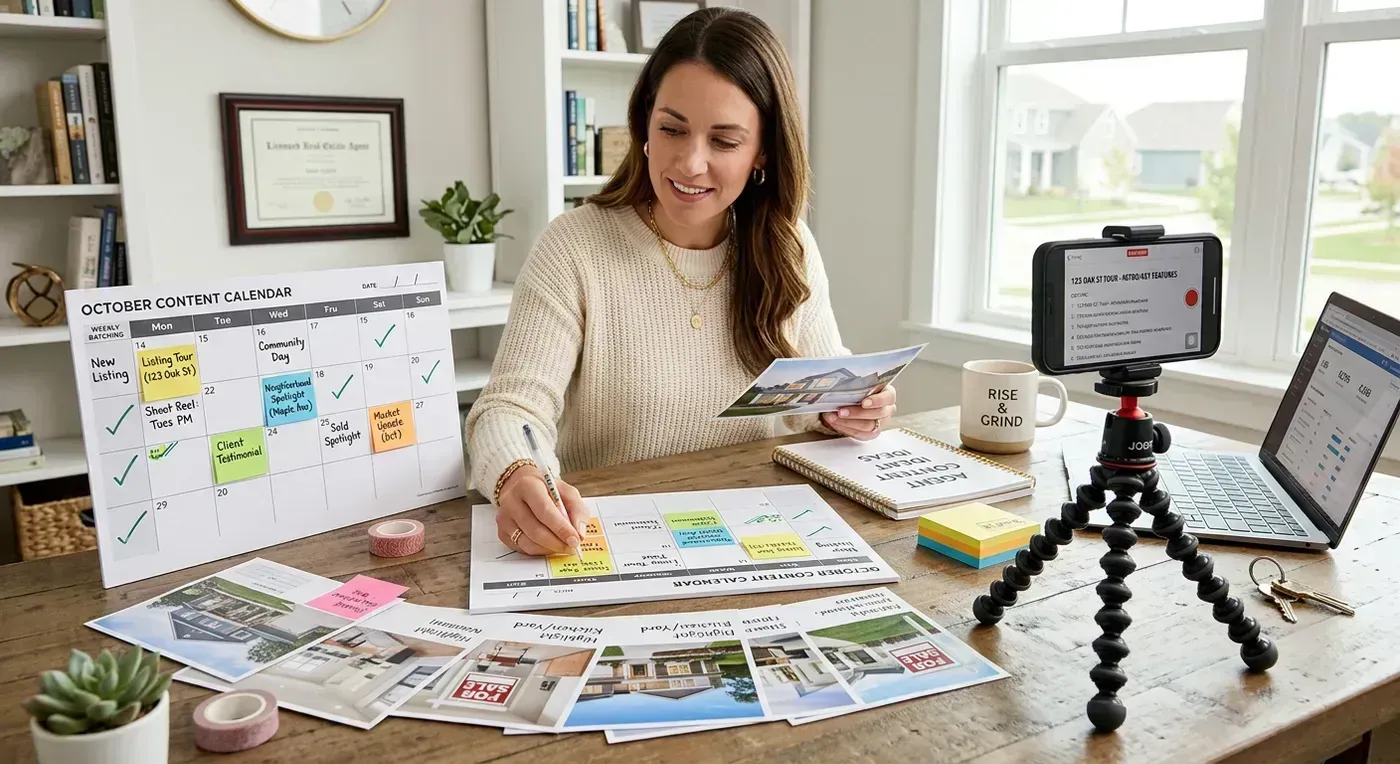 Weekly content batching setup for a real estate video calendar