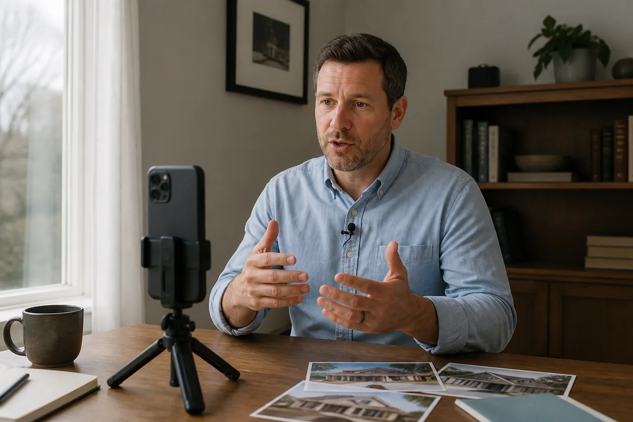 Agent batch-recording short real estate answers with a phone and desktop tripod