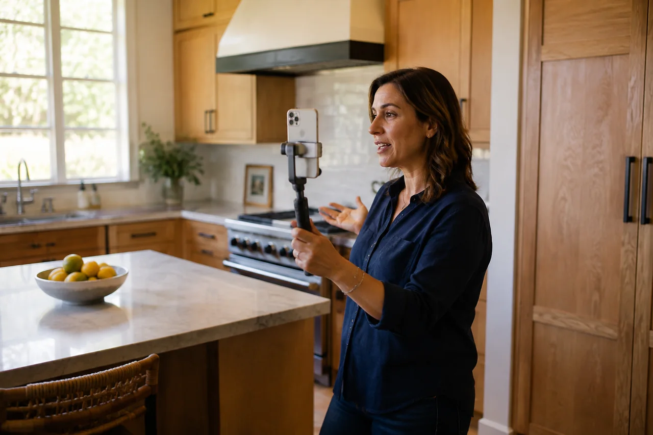 Agent recording a vertical open-house walkthrough in a sunlit kitchen