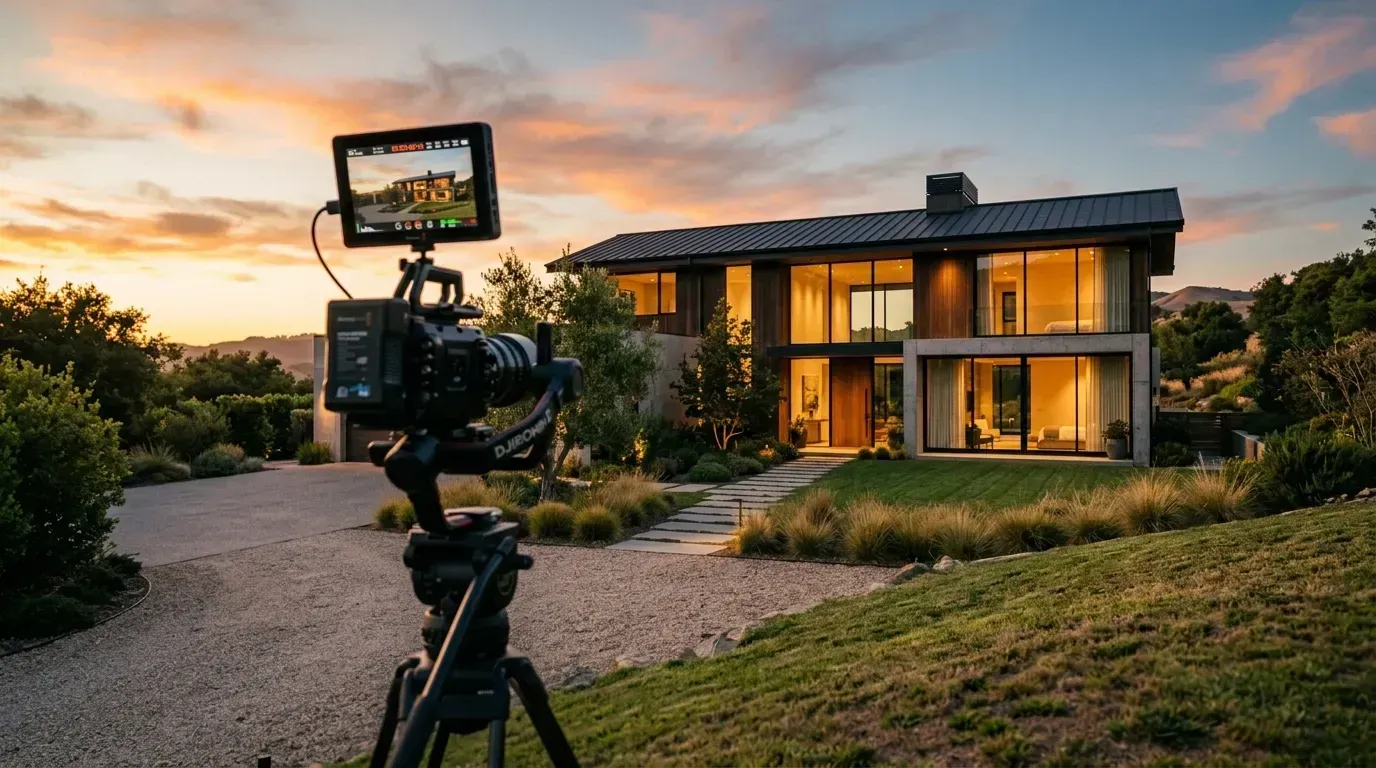 Luxury modern home exterior at golden hour with professional video camera on gimbal in foreground, representing real estate video production
