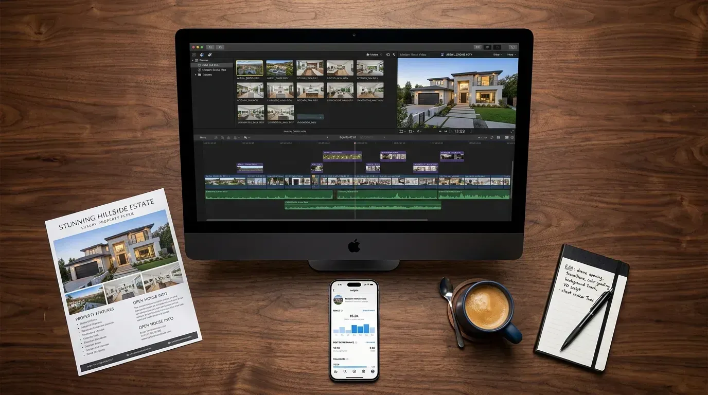 Bird's eye view of a professional desk workspace with a computer showing a video editing timeline, property flyer, iPhone with analytics, and coffee mug