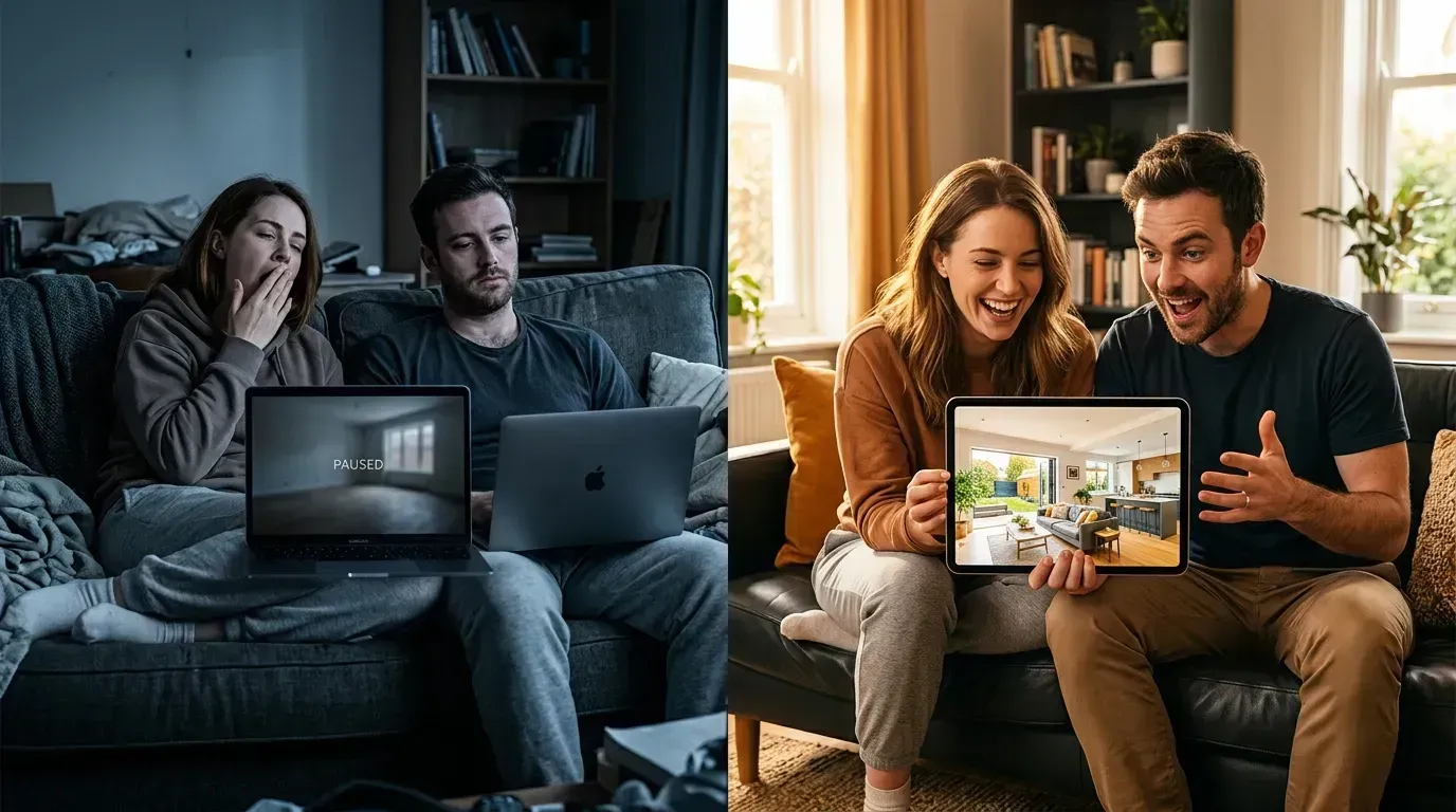Split comparison showing bored viewers watching a long video on the left versus engaged viewers watching the right-length listing video on the right