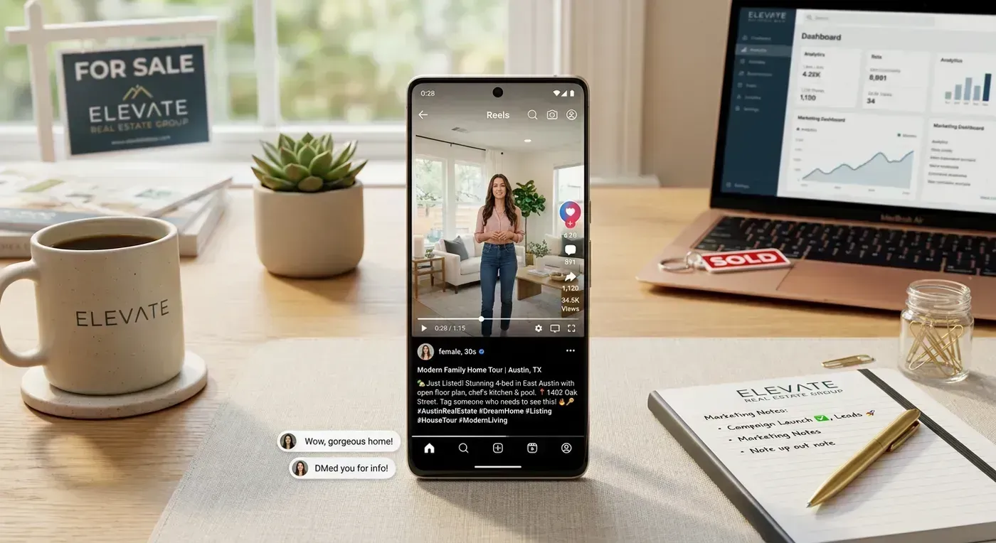 Smartphone showing strong engagement on a real estate video post in a bright marketing workspace