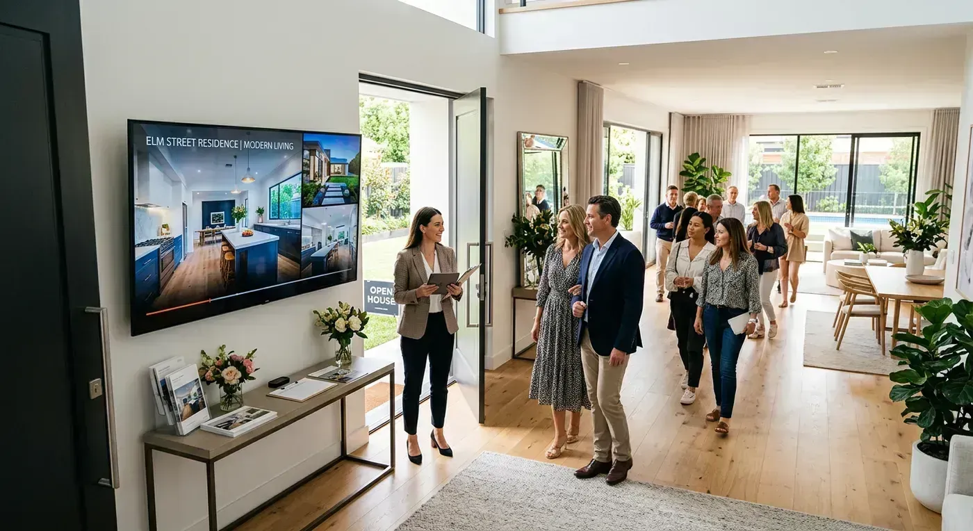 Open house with a polished property video playing on a large screen near the entry