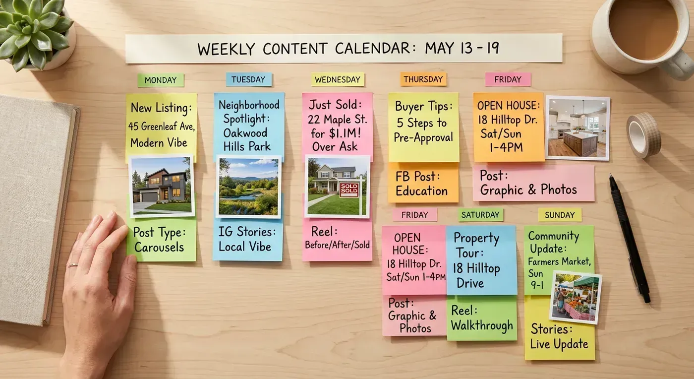 Weekly real estate content calendar built with sticky notes, listing photos, and short prompts