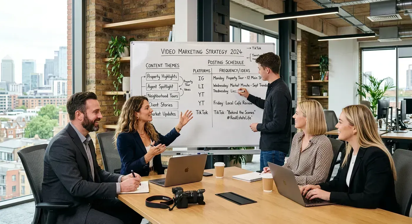 Small real estate team brainstorming a video marketing plan beside a whiteboard