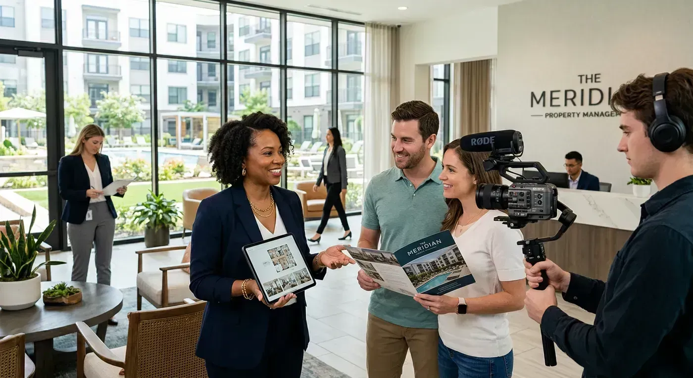 Modern apartment building exterior with leasing office and a property manager reviewing marketing materials on a tablet