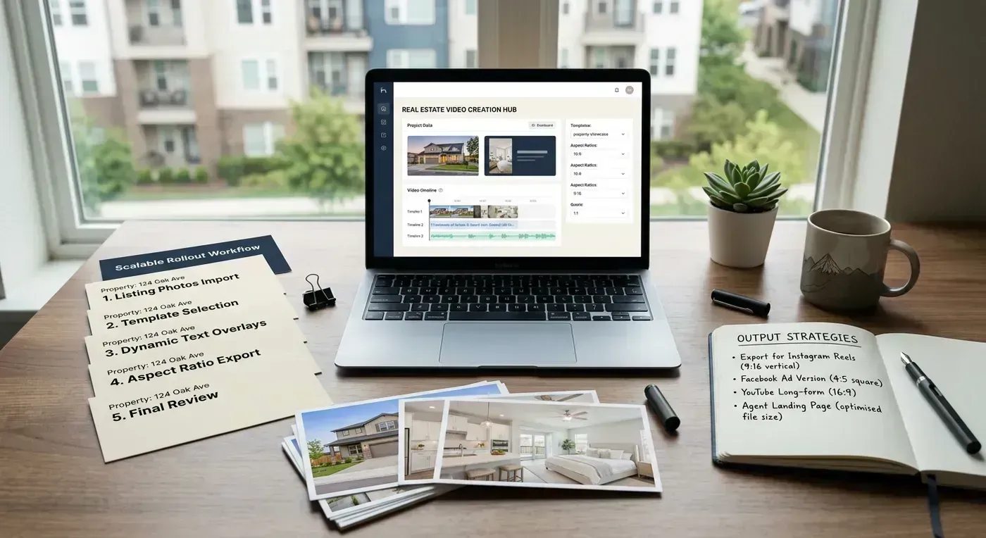 Editorial workflow scene showing scalable video outputs across multiple listing channels