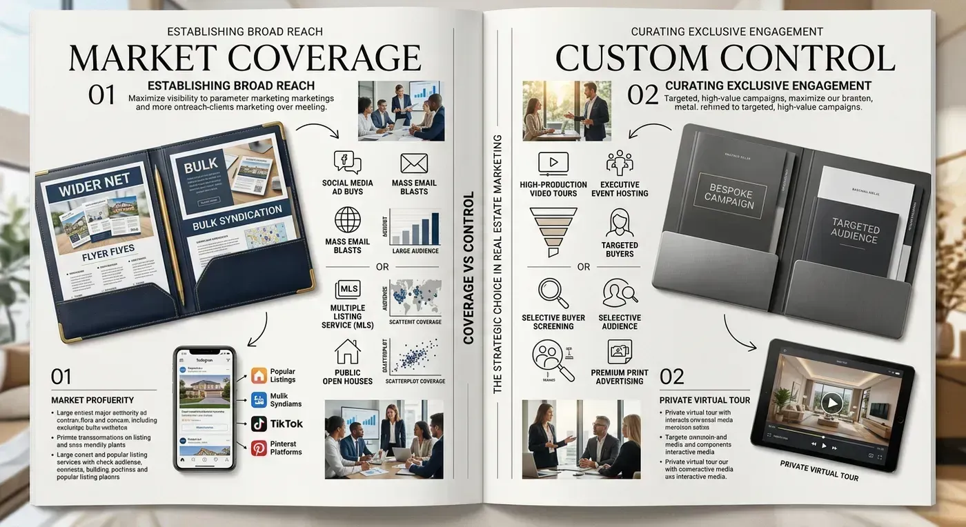 Presentation scene with an agent explaining coverage versus custom-production tradeoffs