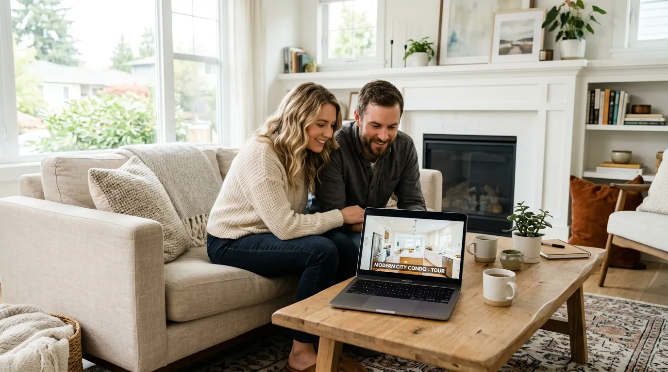 Buyer couple watching a real estate listing video on laptop in their living room