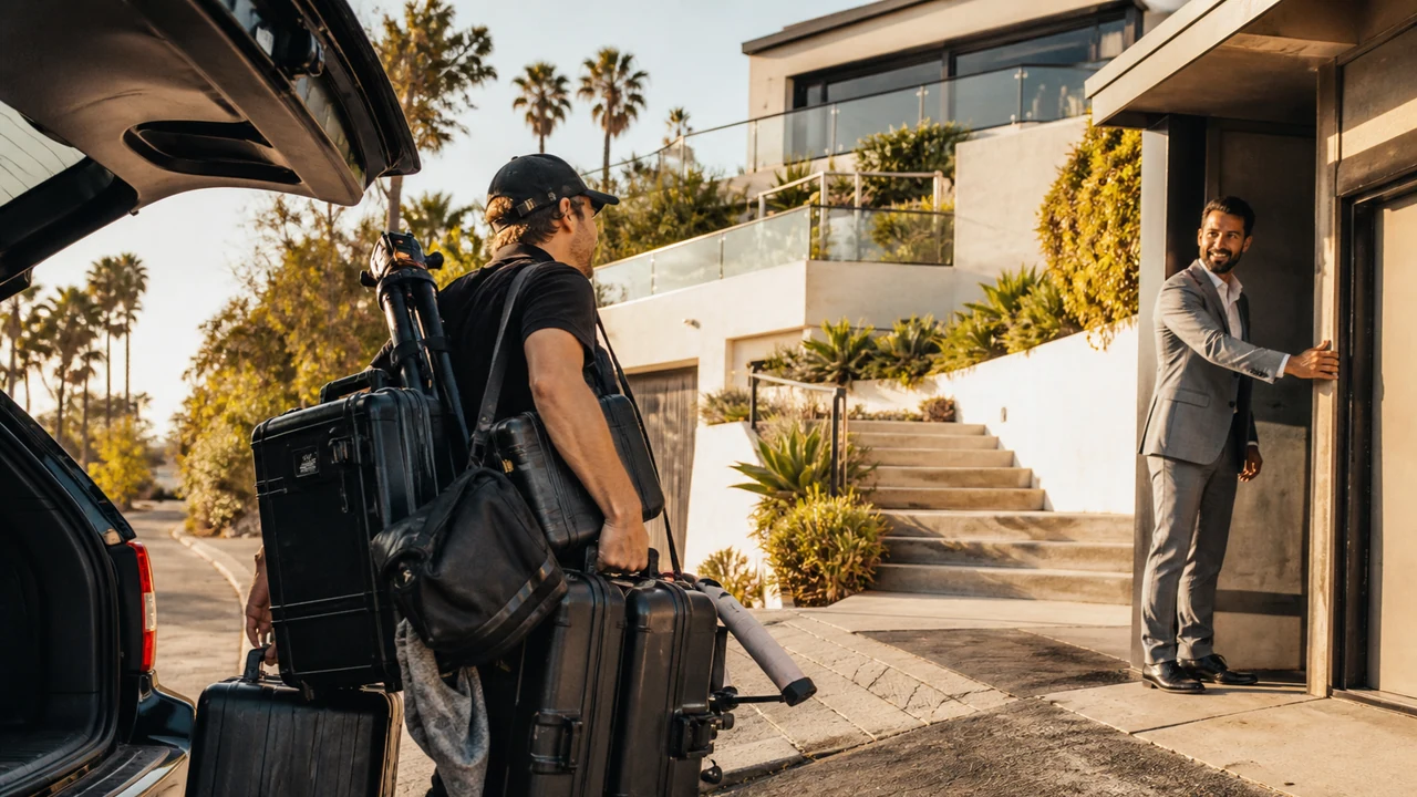 Real estate video crew capturing a high value listing with professional equipment