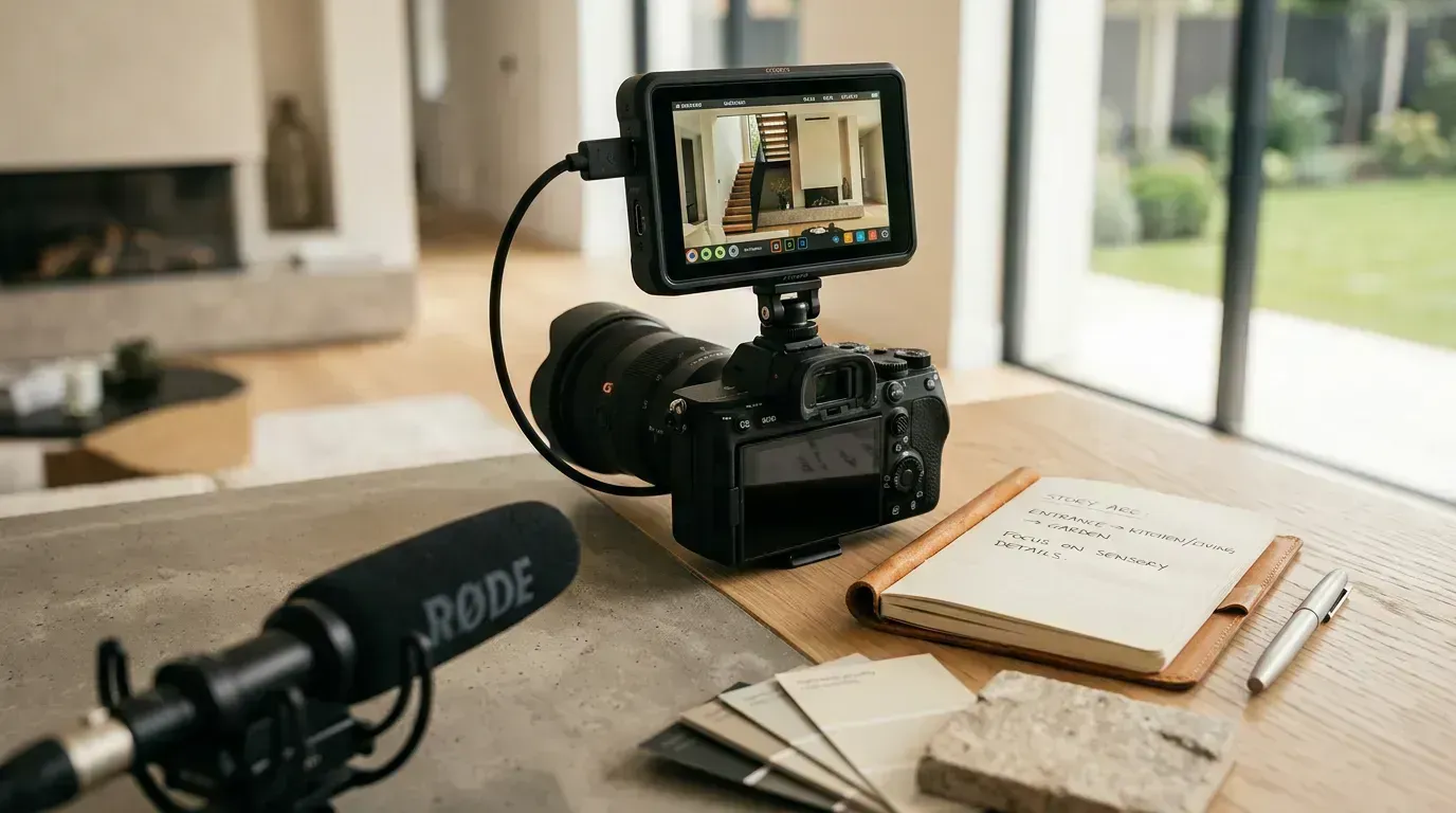 Simple home office setup for filming YouTube videos with ring light, phone tripod, and laptop showing editing software