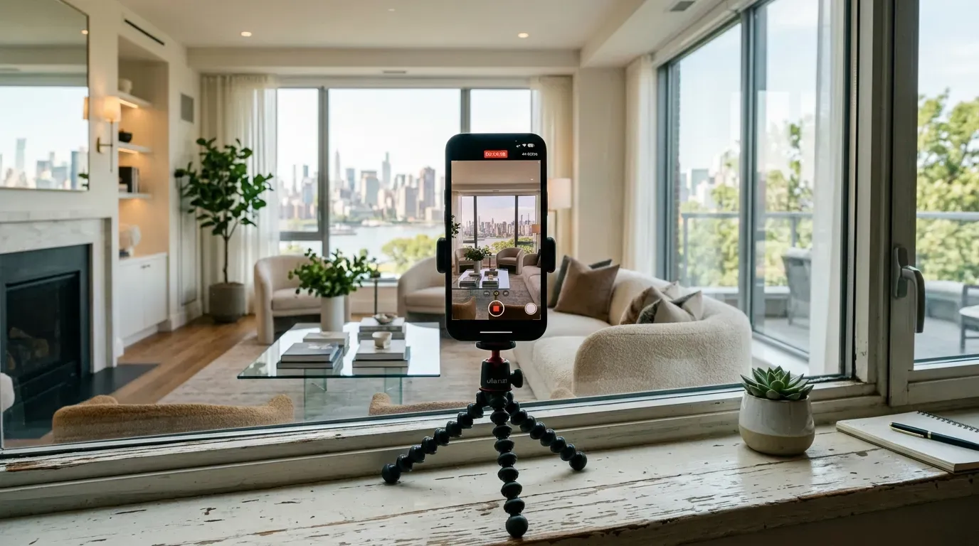 Smartphone mounted on a small tripod on a windowsill with a luxury property visible through the window