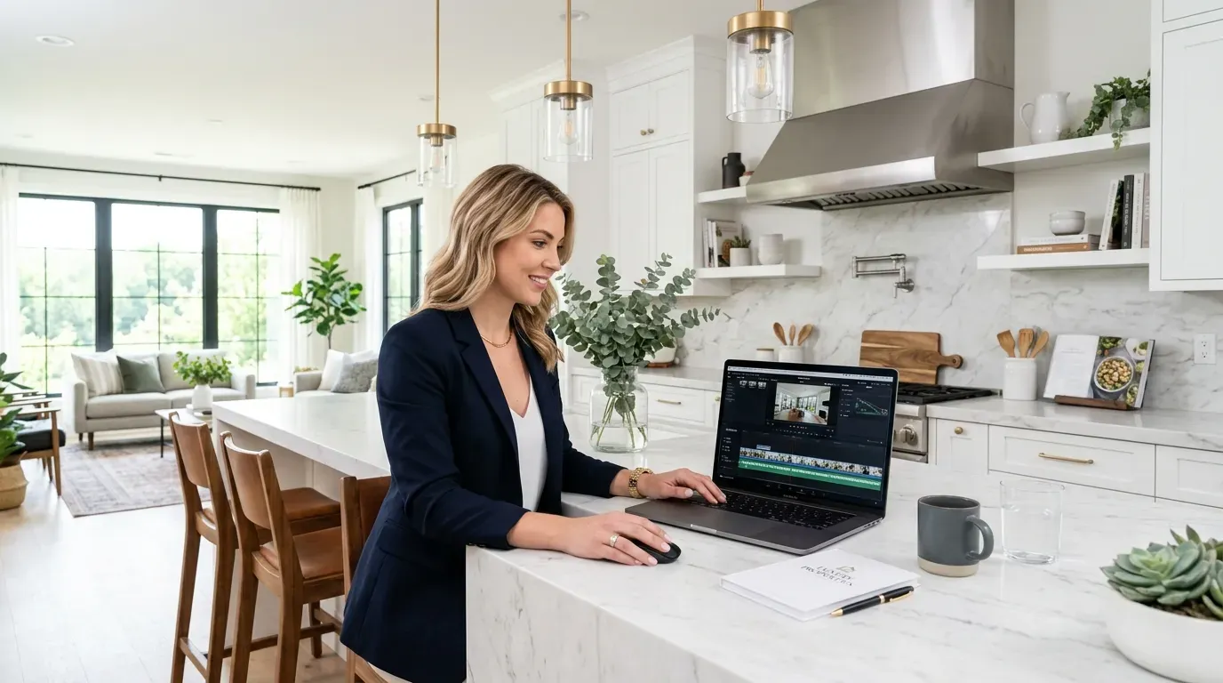 Real estate agent editing video on a laptop at a kitchen island in a staged modern home