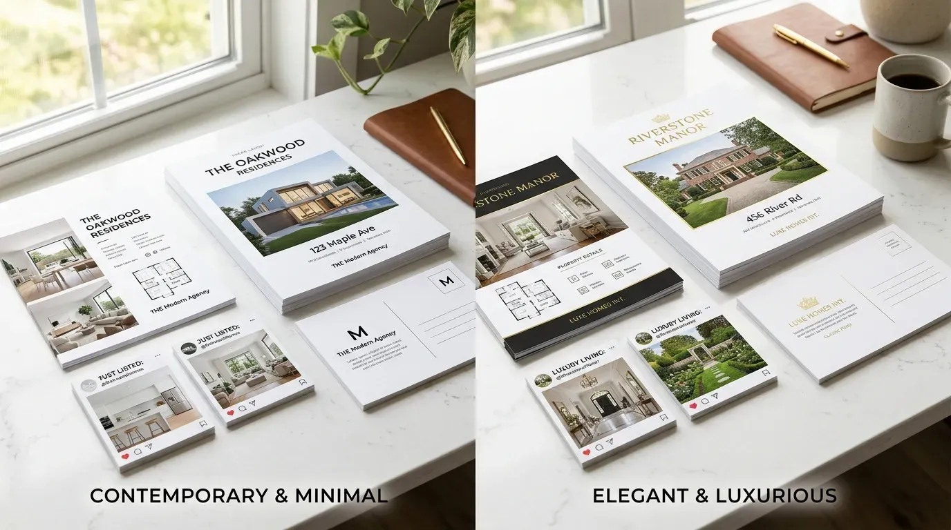 Side-by-side printed property marketing materials laid out on a bright desk