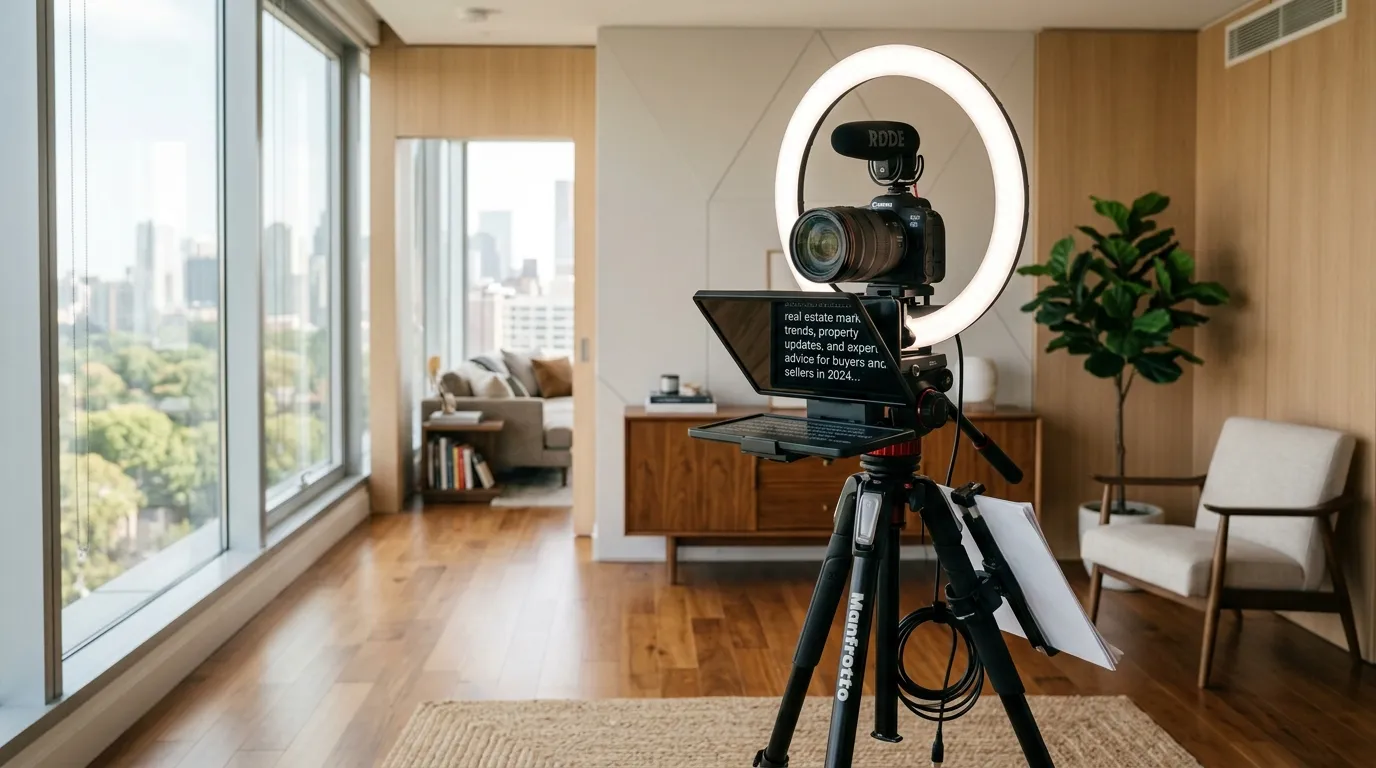 Professional studio setup with ring light and camera on tripod for recording talking-head content