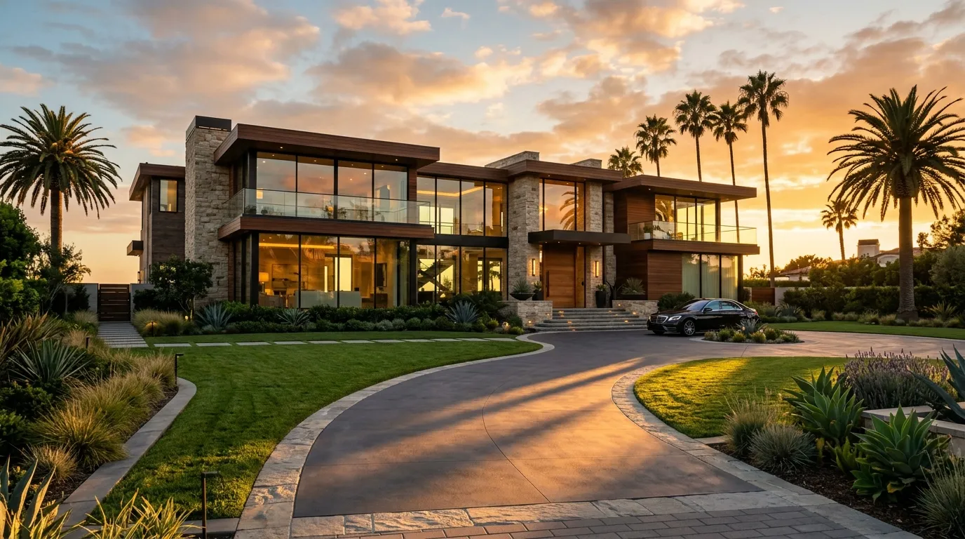 Beautiful luxury property exterior at golden hour with warm sunset light