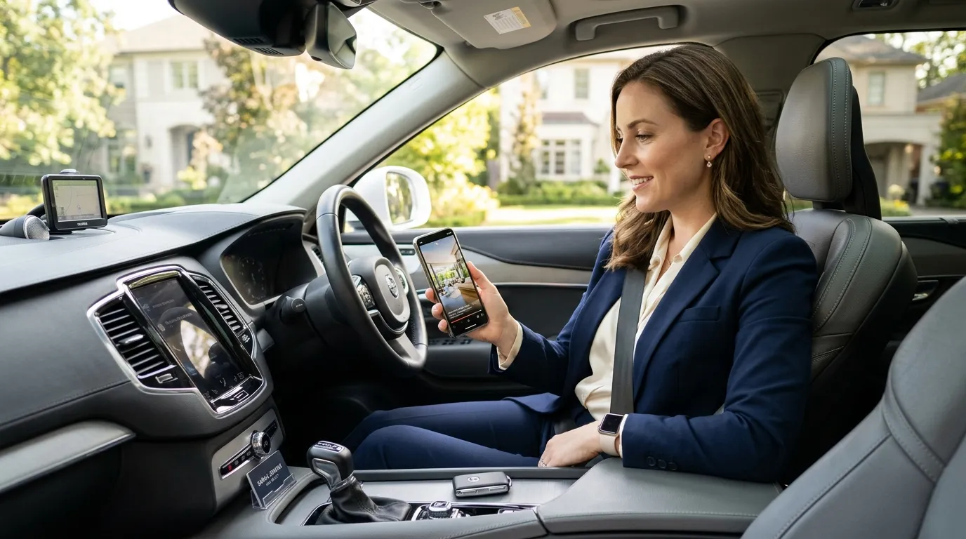 Real estate agent reviewing video content on a smartphone between showings in a car